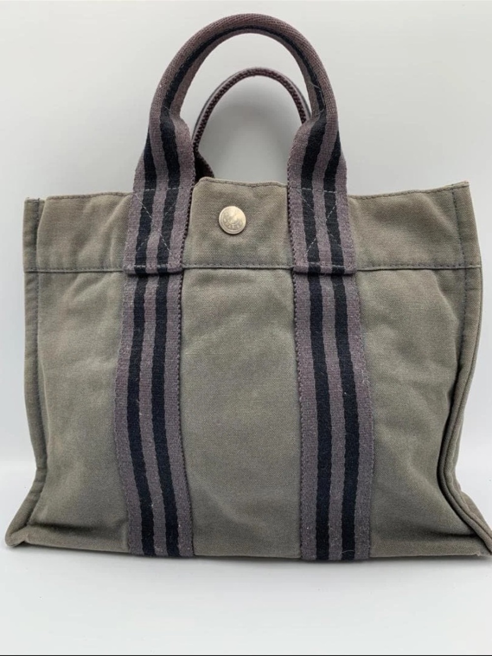 Hermes Olive Canvas Tote with Dark Striped Handles